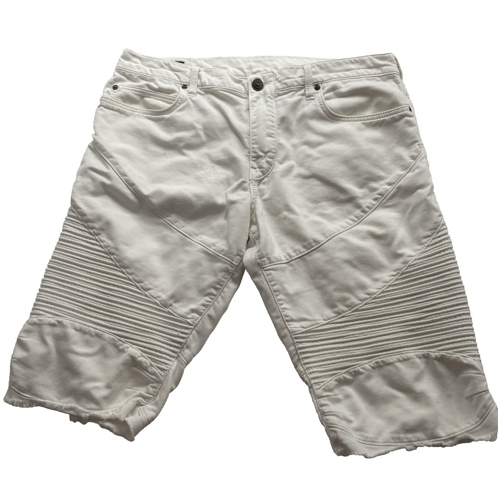True Religion Geno Distressed Denim Cut-Off Moto Shorts White Relaxed Slim Sz 34
